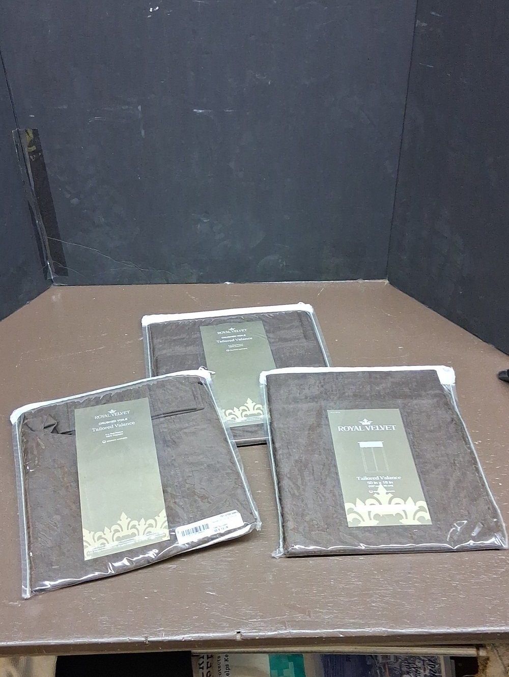 (3)‎ Tailored Valances, Sheer Brown Color, Crushed Voile, NIB.